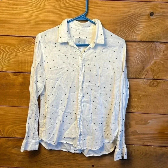 Rails Womens White Button Down Shirt Black Stars Long Sleeve Patriotic Linen Top - Picture 1 of 9